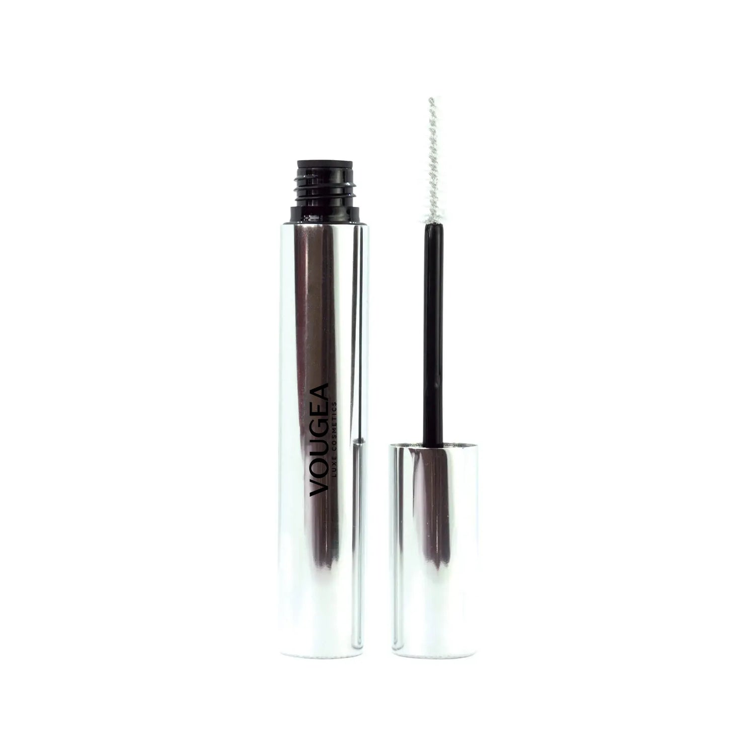 VOUGEA Luxe Clear Brow Gel with precision spoolie applicator on soft silver background
