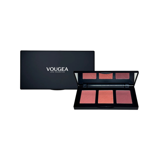 VOUGEA Luxe 3-Shade Blush Palette in sleek compact with matte powder shades displayed on blush pink background