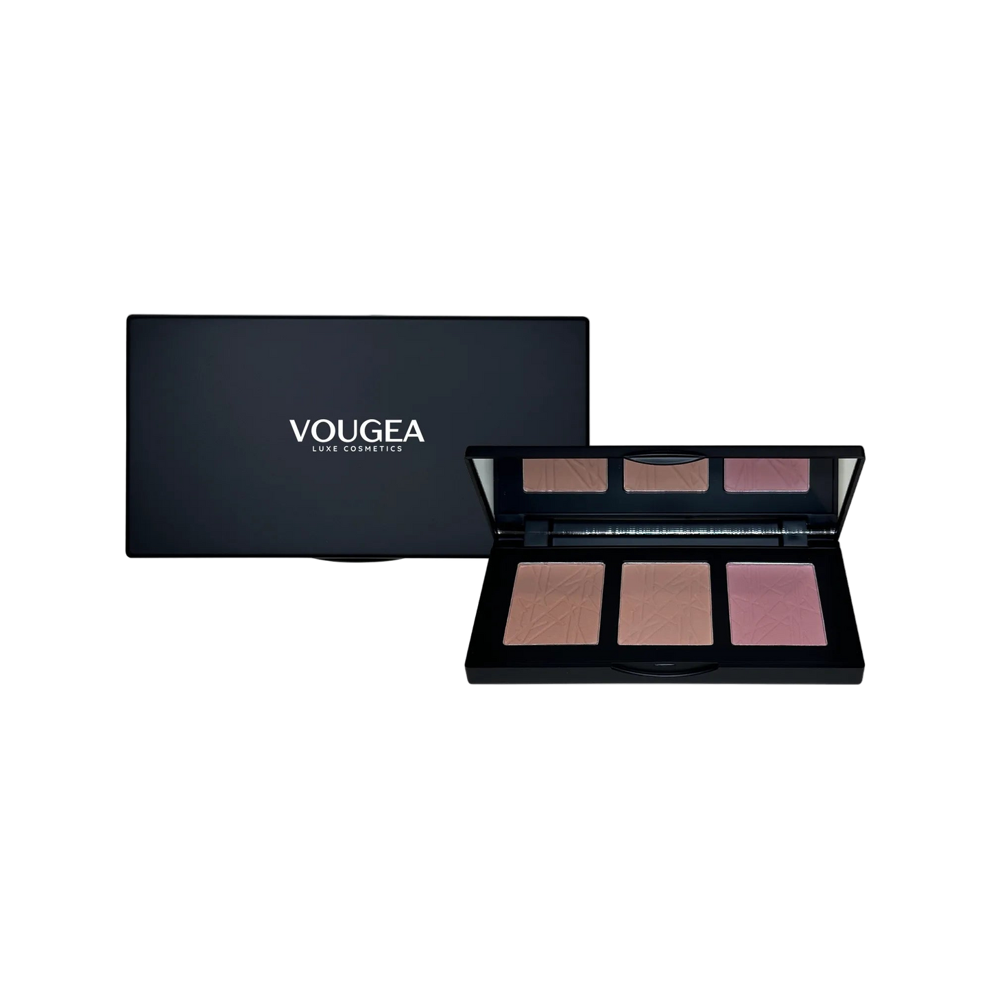 “VOUGEA Luxe 3-Shade Blush Palette featuring silky natural shades for all skin tones”