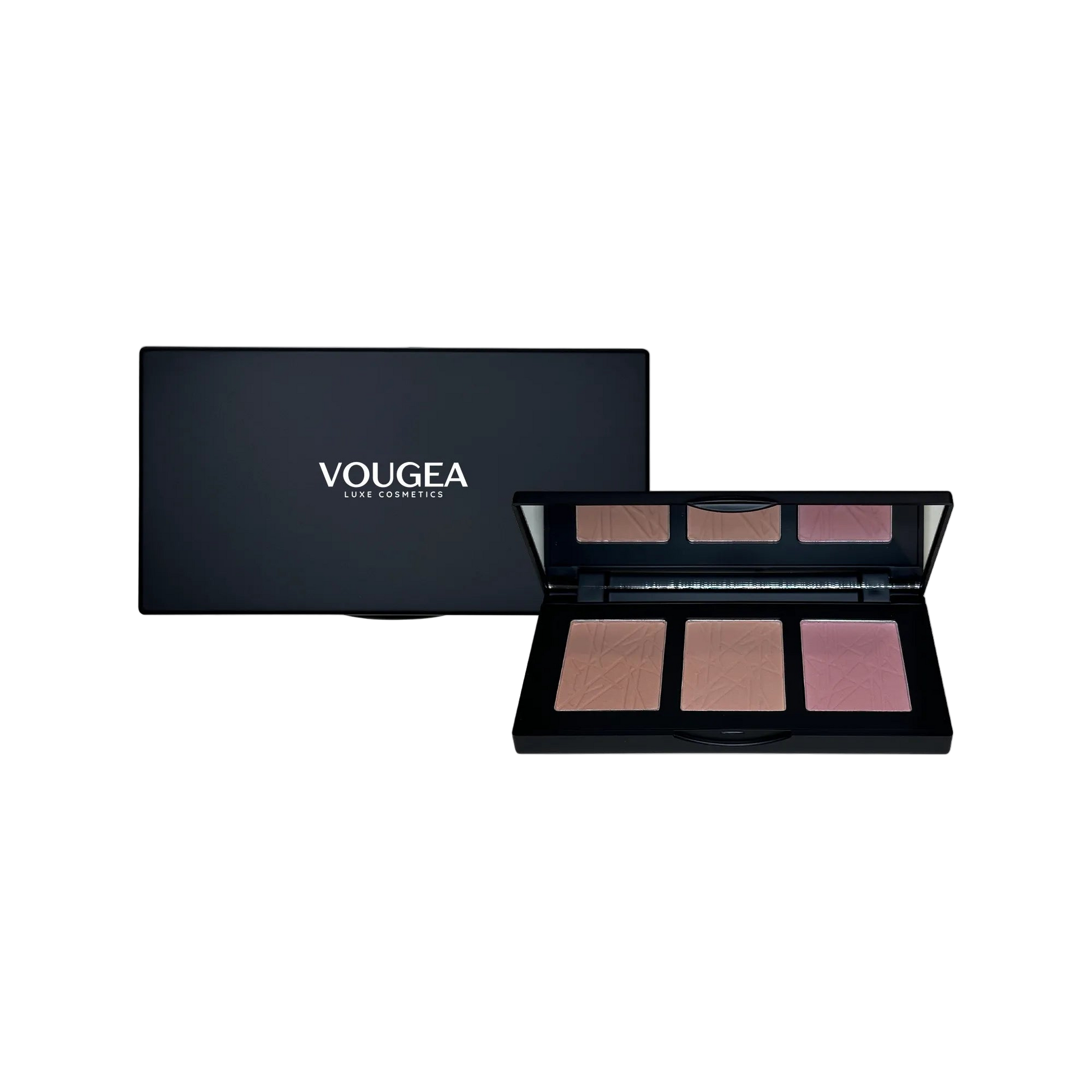“VOUGEA Luxe 3-Shade Blush Palette featuring silky natural shades for all skin tones”