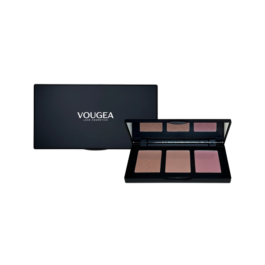 “VOUGEA Luxe 3-Shade Blush Palette featuring silky natural shades for all skin tones”