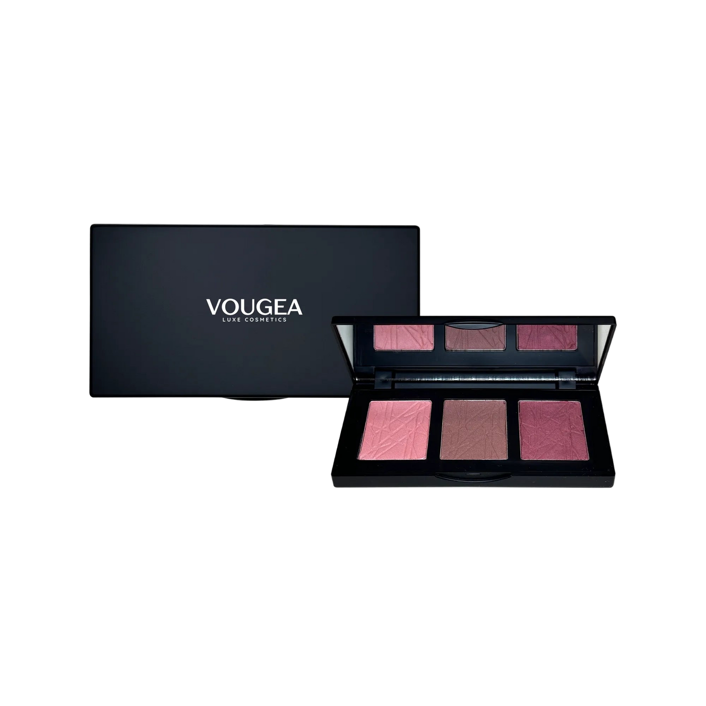 “VOUGEA Luxe 3-Shade Blush Palette featuring silky natural shades for all skin tones”