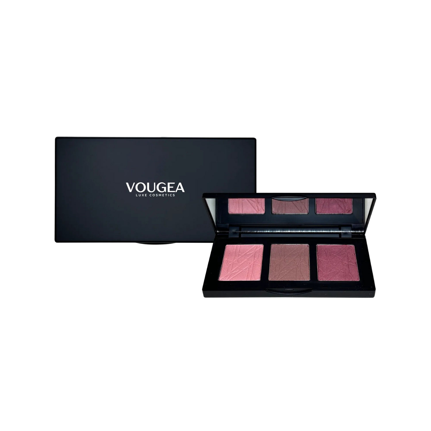 “VOUGEA Luxe 3-Shade Blush Palette featuring silky natural shades for all skin tones”