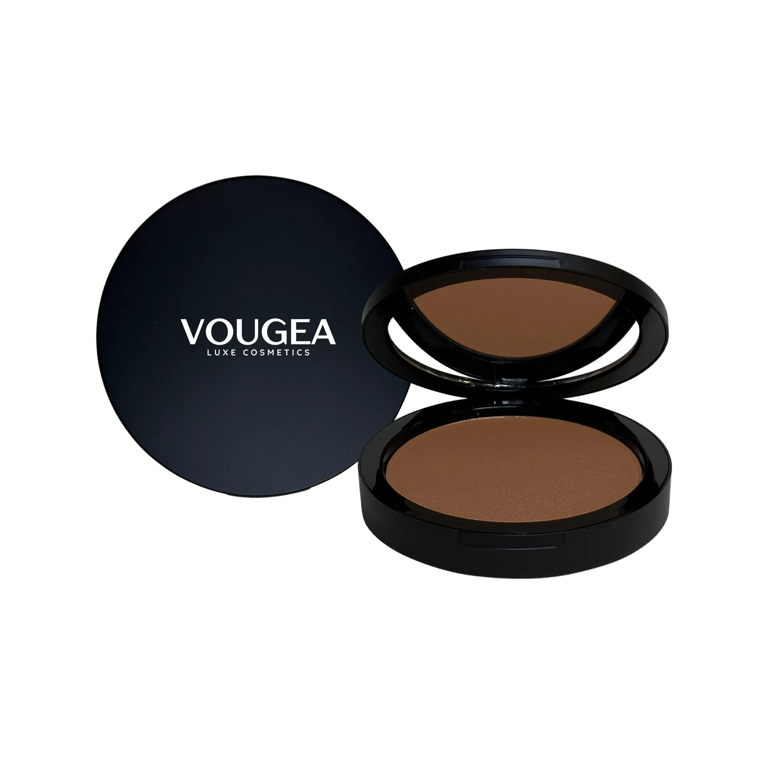 VOUGEA Luxe Bronzer compact with silky matte powder in warm red-brown tones displayed on soft rose gold background