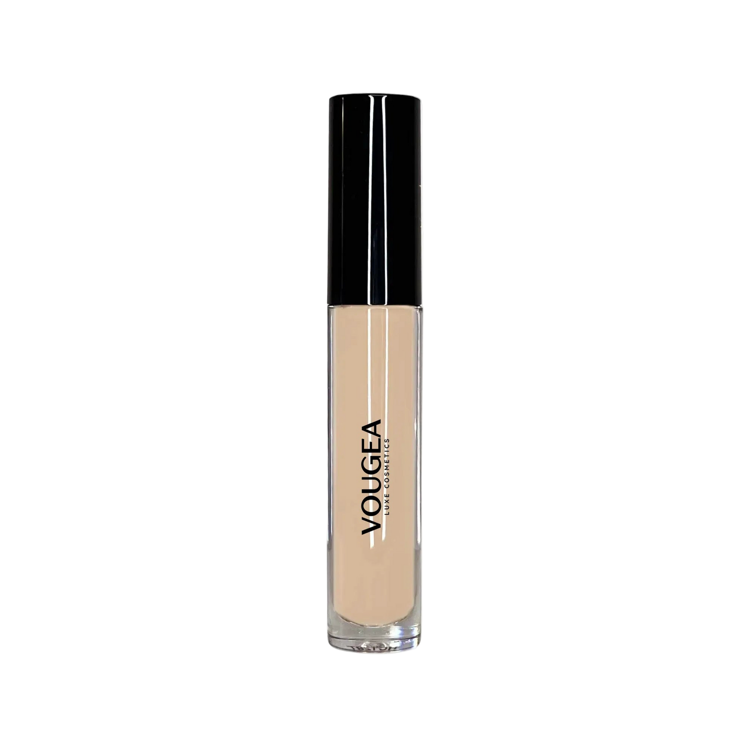VOUGEA Luxe Concealing Cream with doe-foot applicator and creamy texture swatched on blush pink background