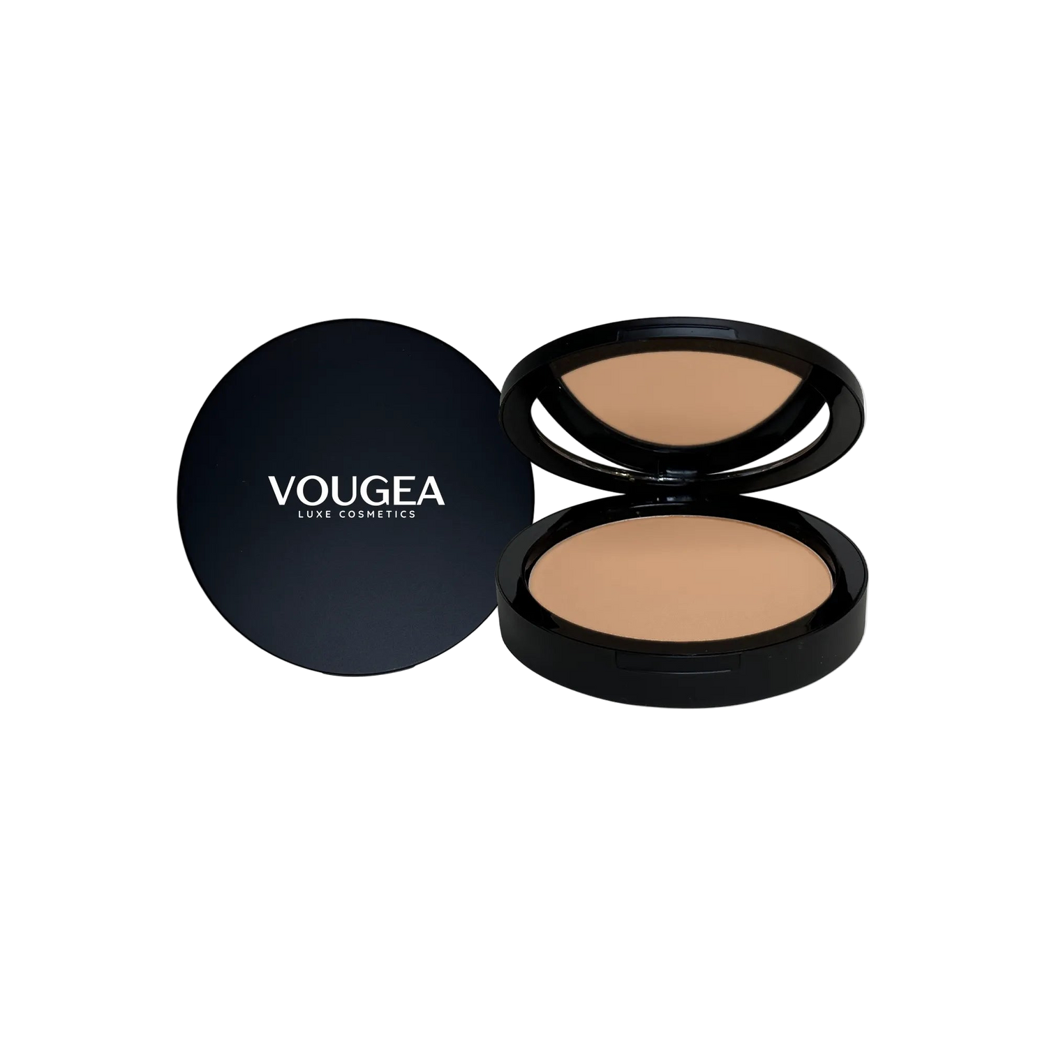 VOUGEA Luxe Dual Blend Powder Foundation compact with mirror and sponge applicator on blush nude background