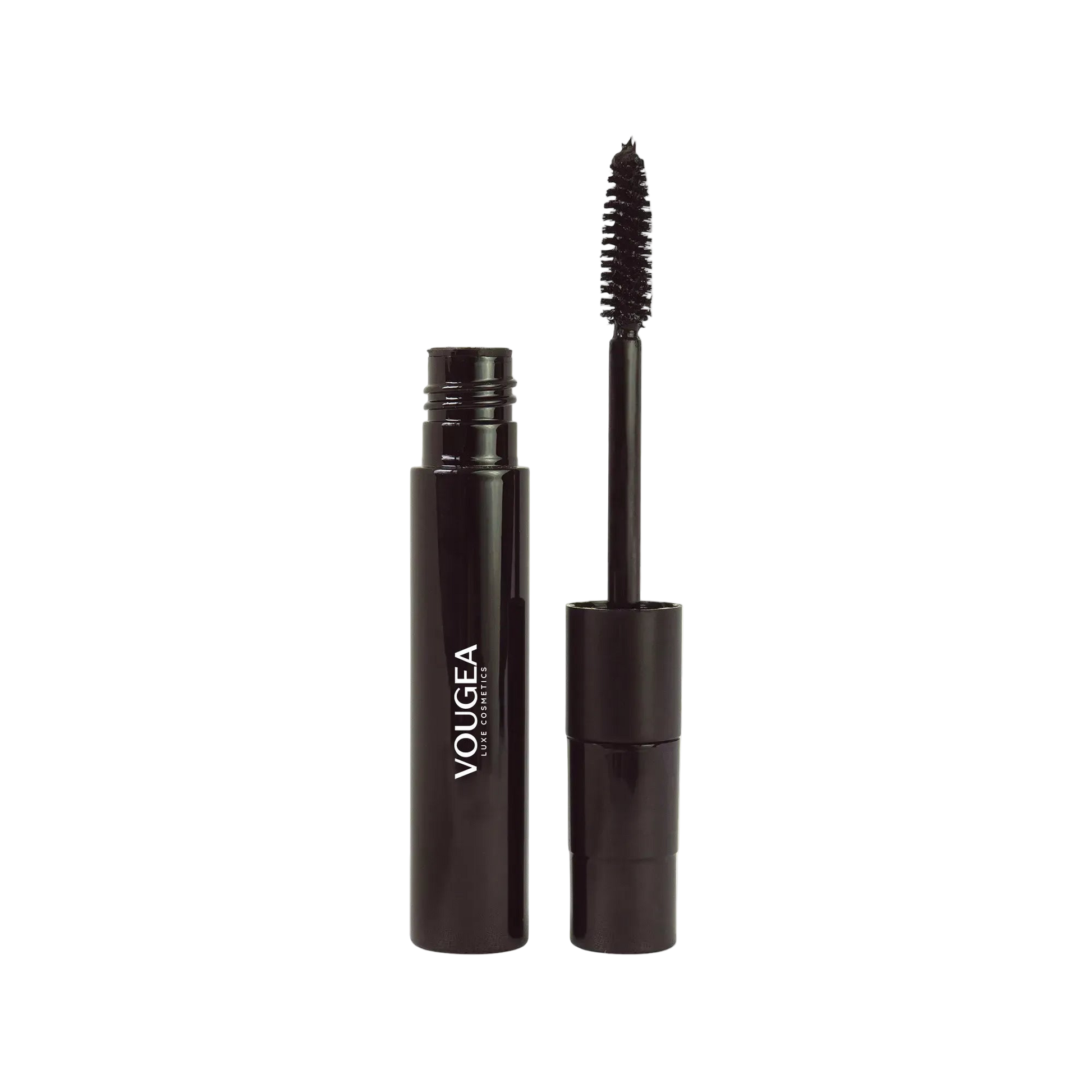 VOUGEA Luxe Dual Lash Mascara with dual wands showing natural and volumizing options on blush pink background