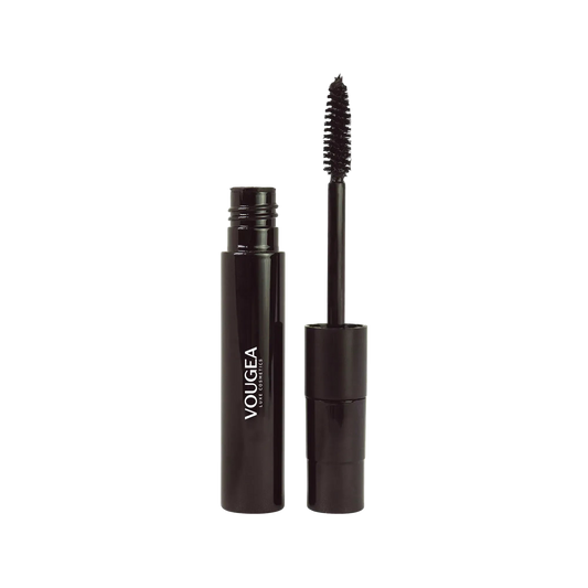 VOUGEA Luxe Dual Lash Mascara with dual wands showing natural and volumizing options on blush pink background