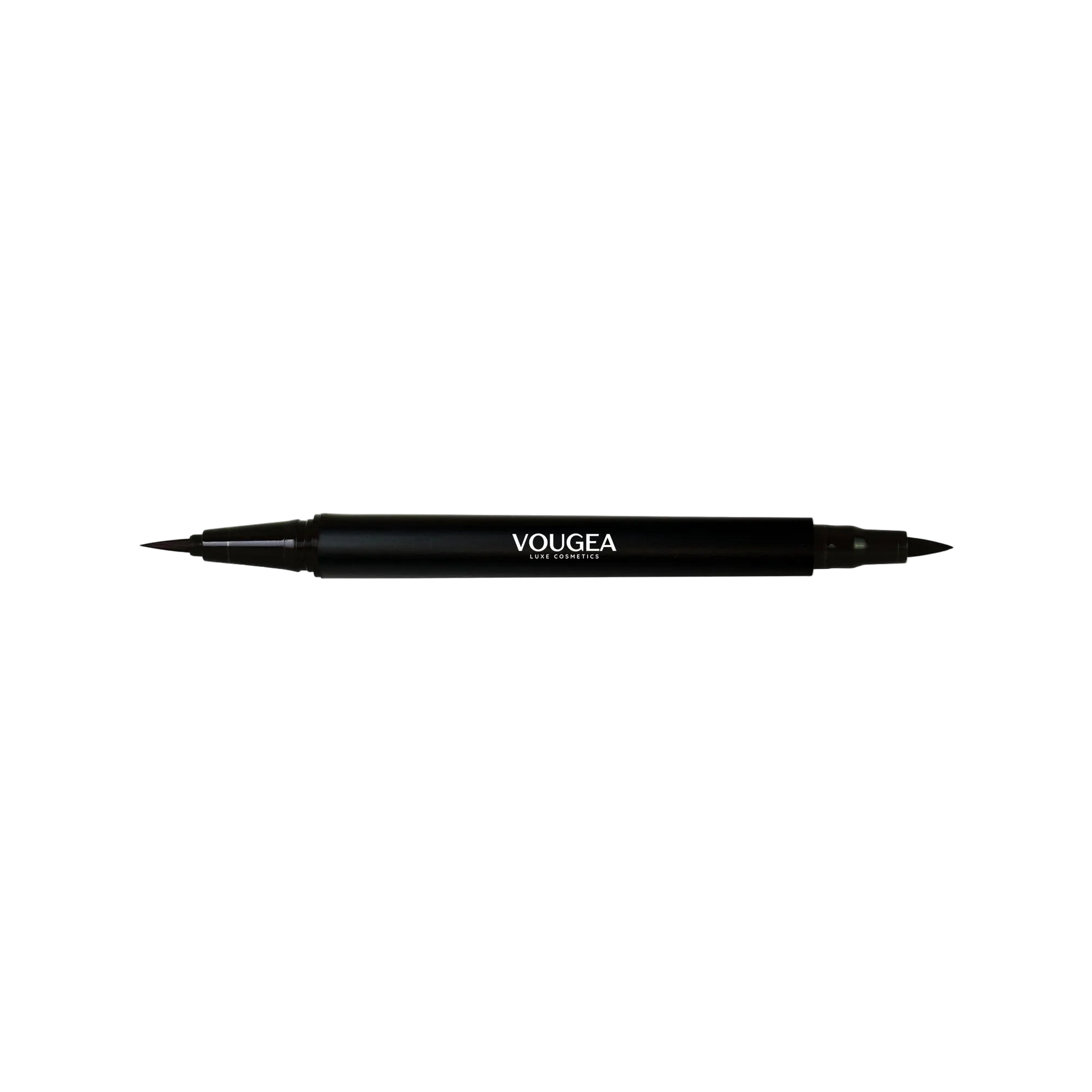 VOUGEA Luxe Dual-Tip Eye Definer Pen with fine brush and bold felt tip displayed on charcoal gray background