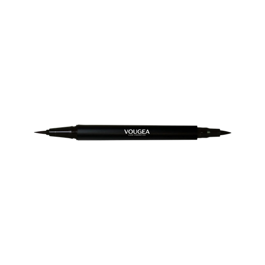 VOUGEA Luxe Dual-Tip Eye Definer Pen with fine brush and bold felt tip displayed on charcoal gray background