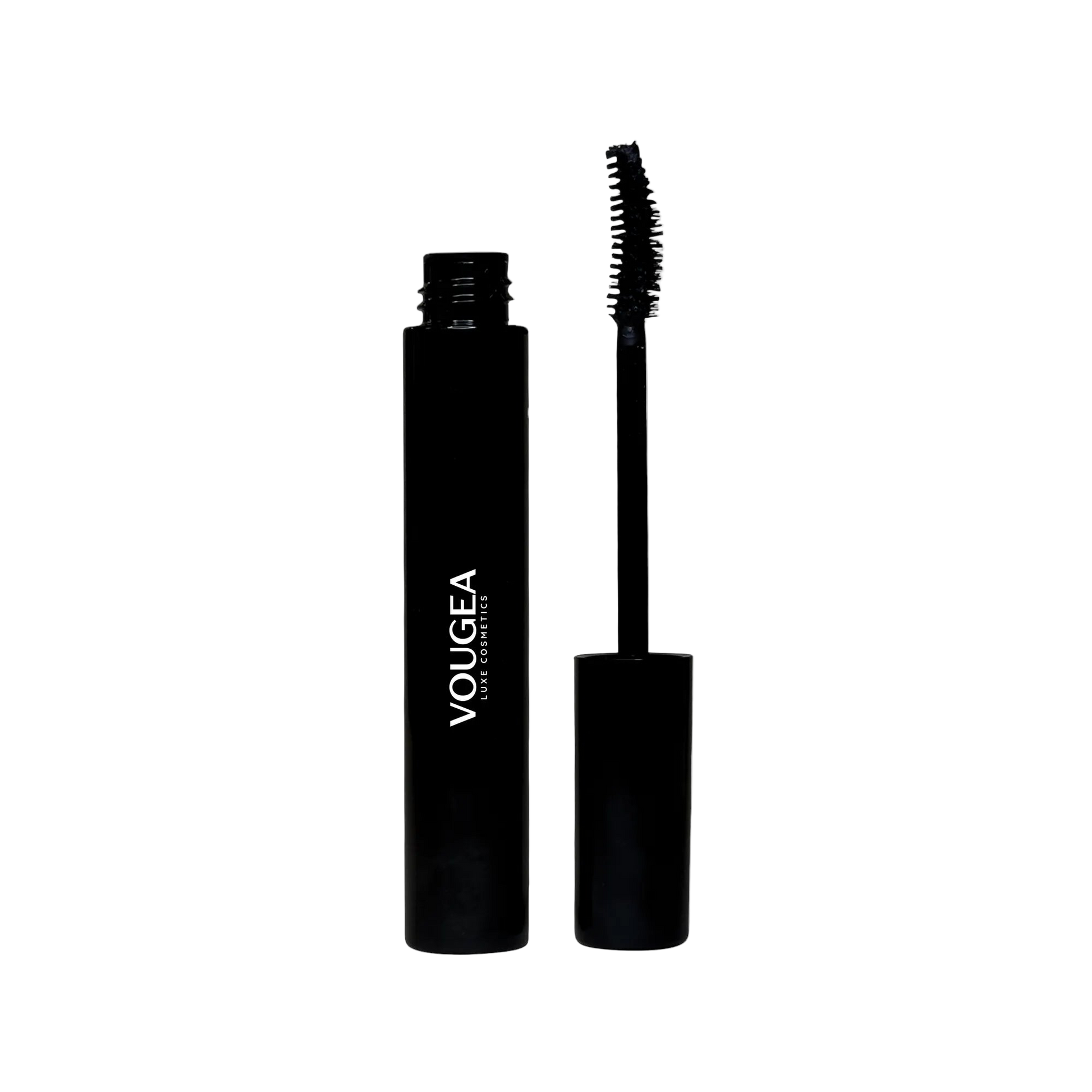 VOUGEA Luxe 4-in-1 Luxury Mascara with curved wand displayed on a sleek charcoal gray background