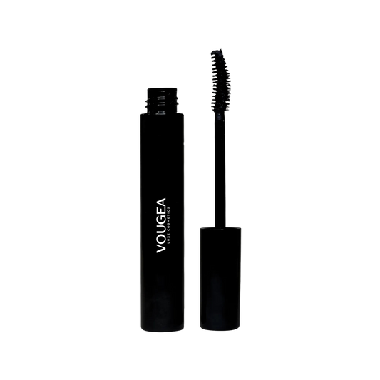 VOUGEA Luxe 4-in-1 Luxury Mascara with curved wand displayed on a sleek charcoal gray background