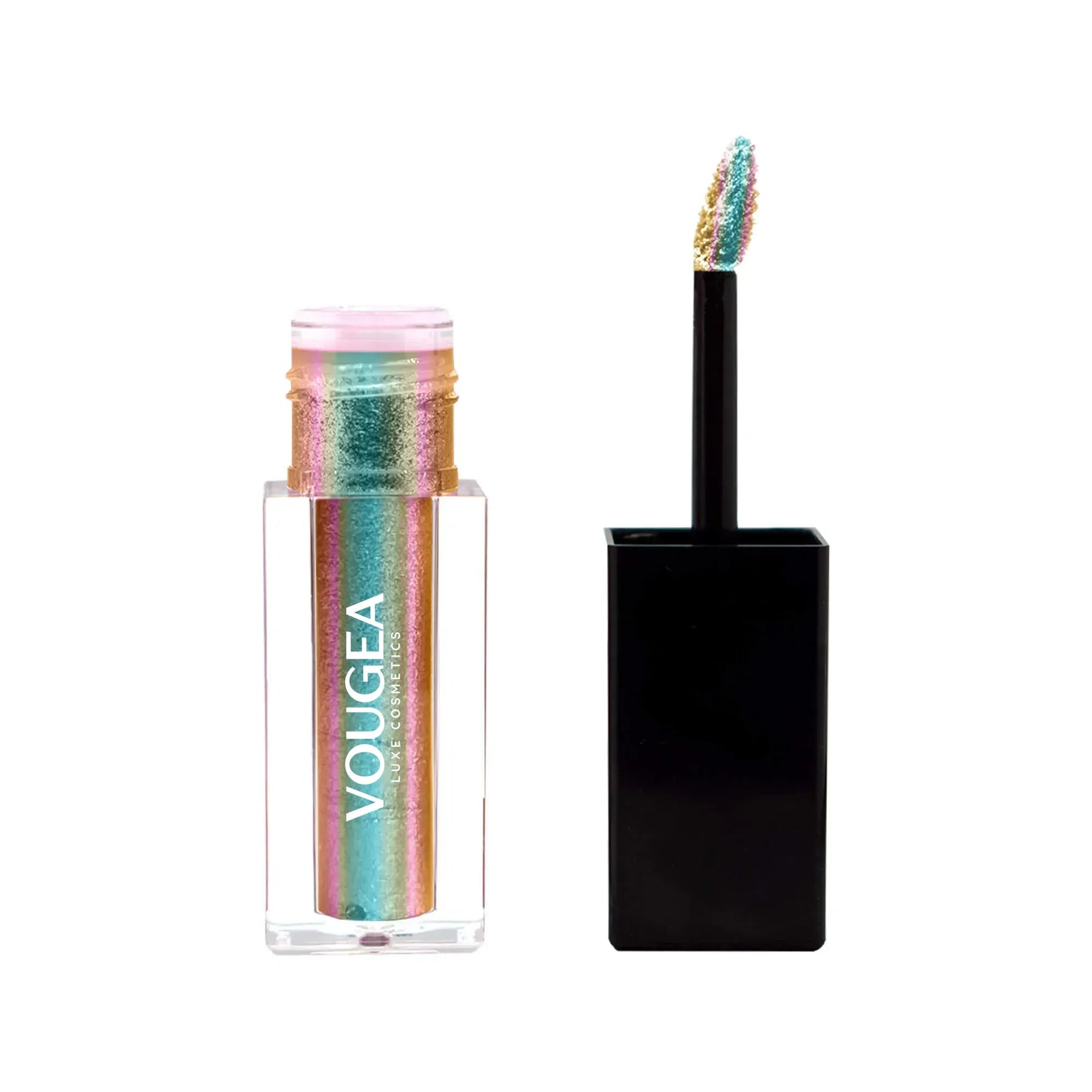 VOUGEA Luxe Liquid Shimmer tube with radiant glow swatched across lips, eyes, and cheekbones