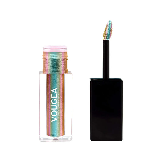 VOUGEA Luxe Liquid Shimmer tube with radiant glow swatched across lips, eyes, and cheekbones