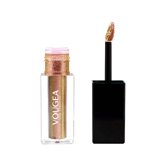 VOUGEA Luxe Liquid Shimmer tube with radiant glow swatched across lips, eyes, and cheekbones