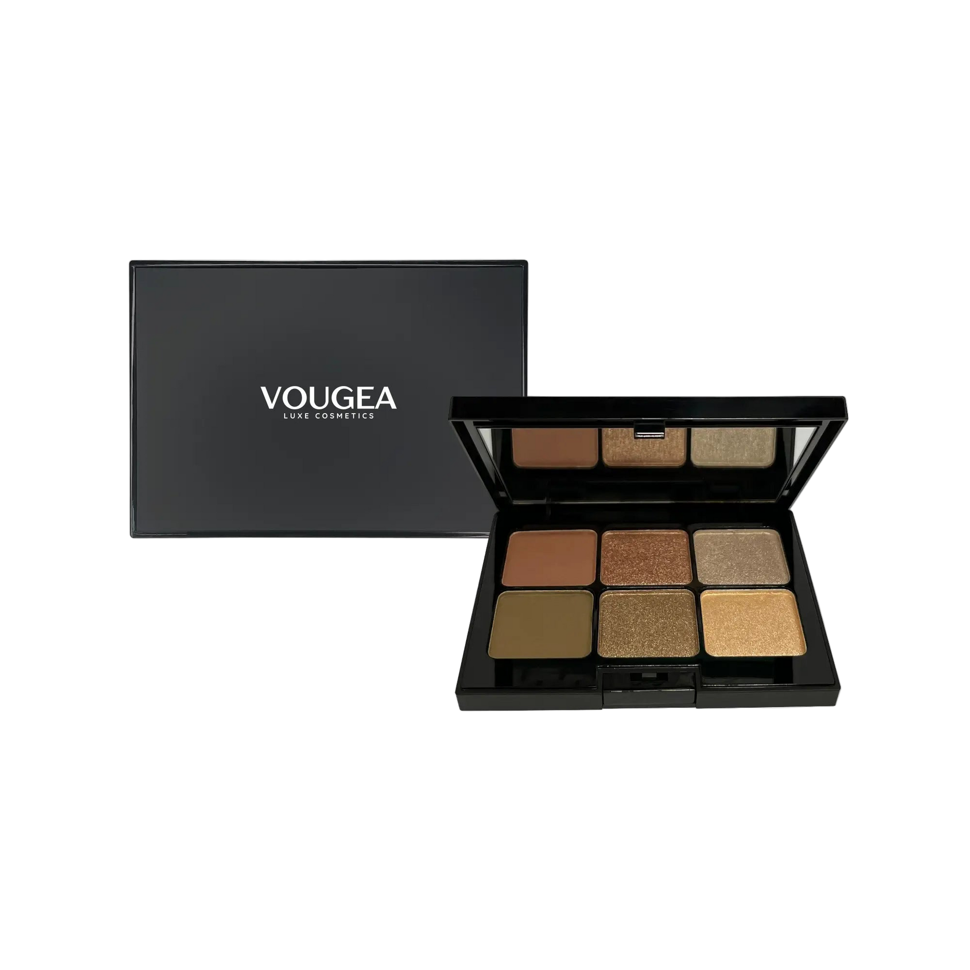 VOUGEA Luxe 6-Shade Eyeshadow Palette with shimmering and matte shades displayed in rose gold compact