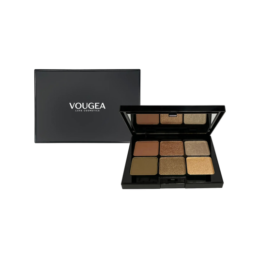 VOUGEA Luxe 6-Shade Eyeshadow Palette with shimmering and matte shades displayed in rose gold compact