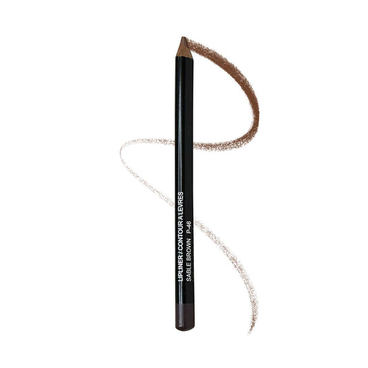 VOUGEA Luxe Lip Liner – Sable Brown pencil with creamy brown tip swatched on blush pink background