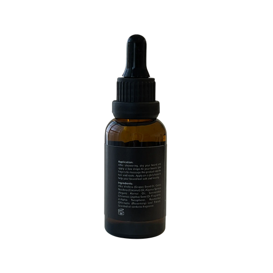 VOUGEA Luxe Premium Beard Oil in amber glass dropper bottle with rosemary sprigs and argan seeds on natural wood background