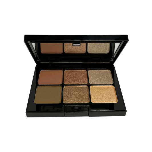 VOUGEA Luxe 6-Shade Eyeshadow Palette with shimmering and matte shades displayed in rose gold compact