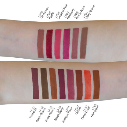 VOUGEA Luxe Lip Liner – Sable Brown pencil with creamy brown tip swatched on blush pink background