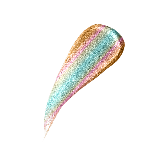 VOUGEA Luxe Liquid Shimmer tube with radiant glow swatched across lips, eyes, and cheekbones