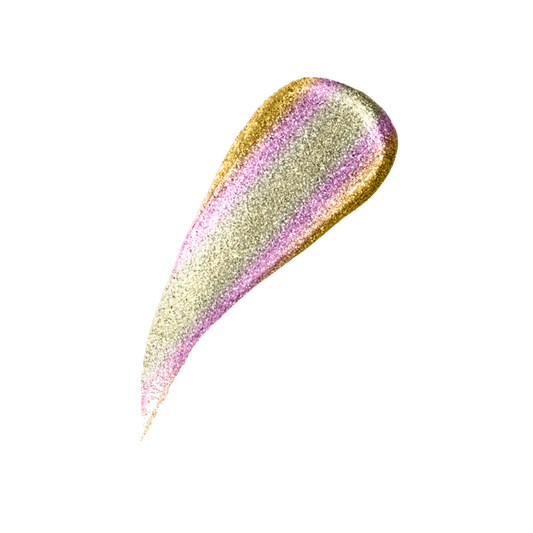 VOUGEA Luxe Liquid Shimmer tube with radiant glow swatched across lips, eyes, and cheekbones